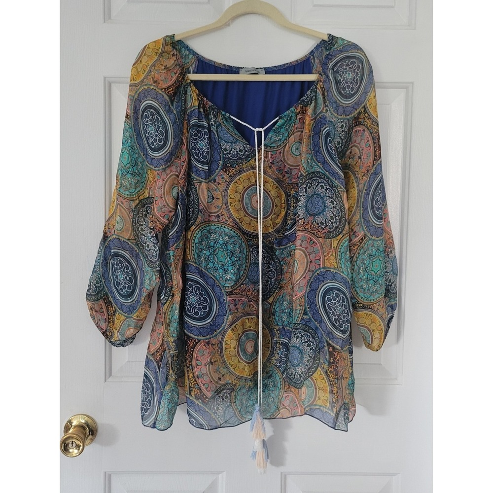 Angela Mara Italy Silk Blend Boho Medallion Print Tassel Tie Tunic Blouse M